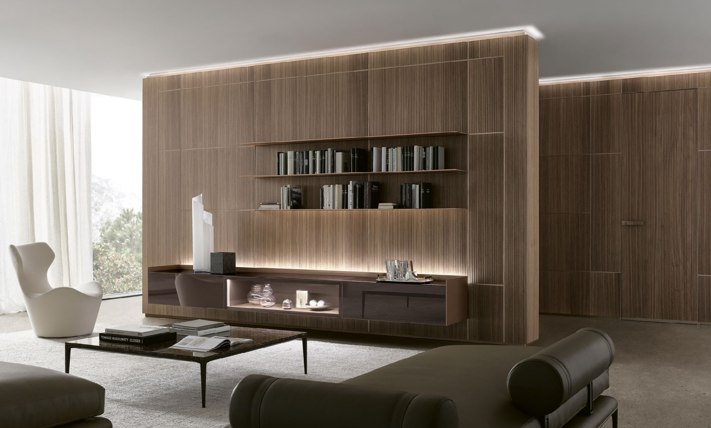 Modern living room with wooden wall unit and furniture