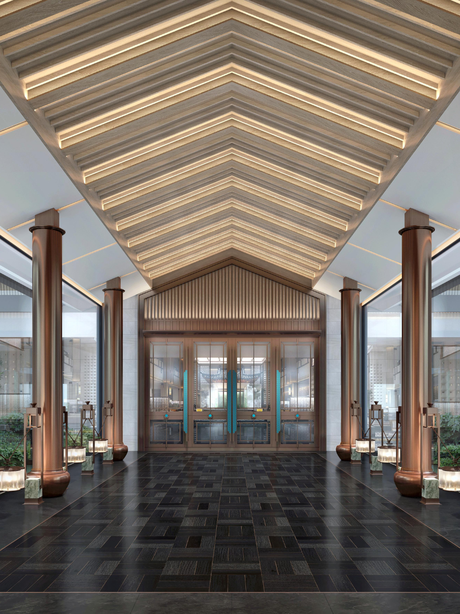 Modern interior with wooden ceiling and floor, glass walls, and decorative columns.