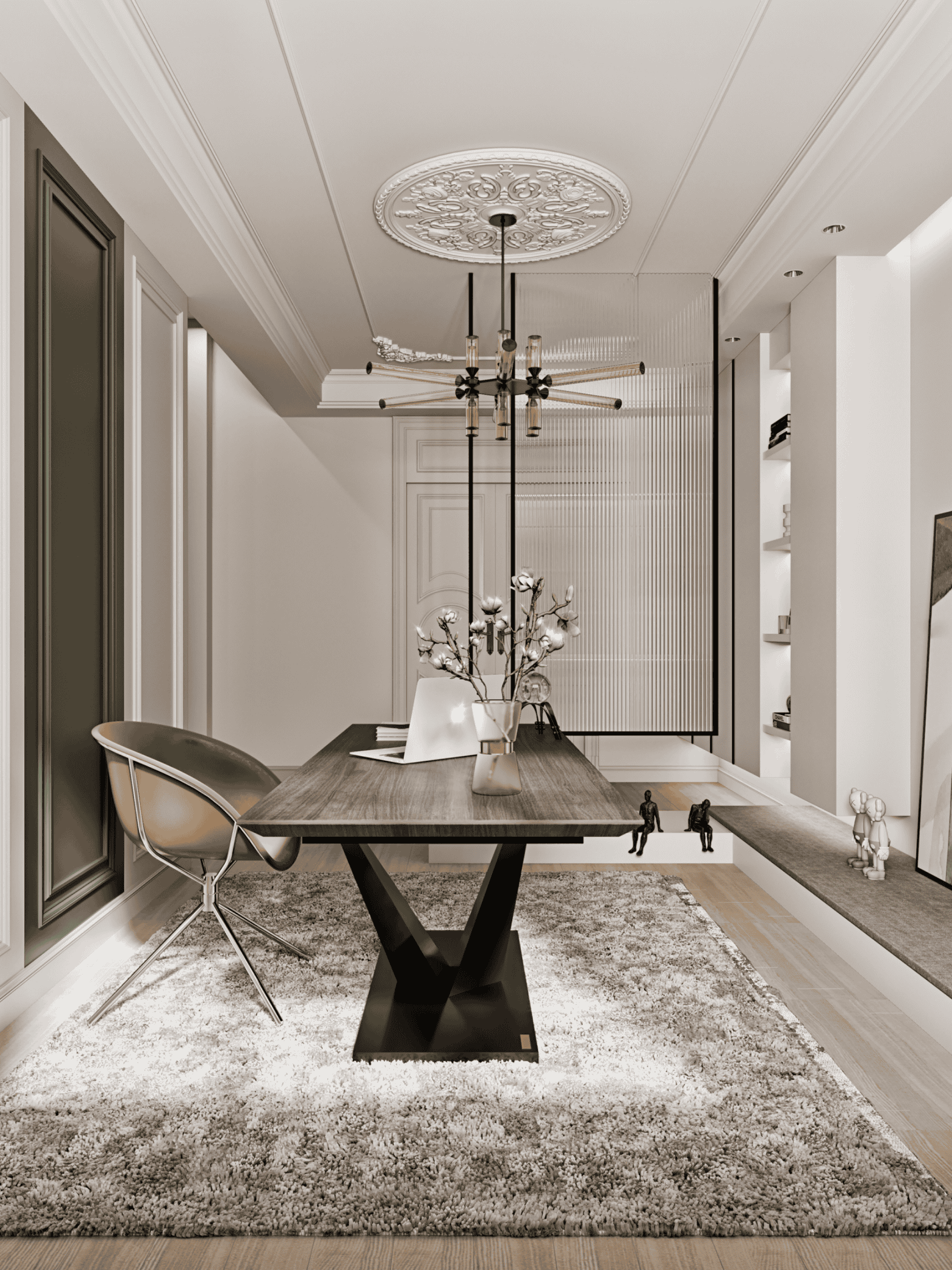 Modern dining room with a wooden table, chairs, and decorative elements.