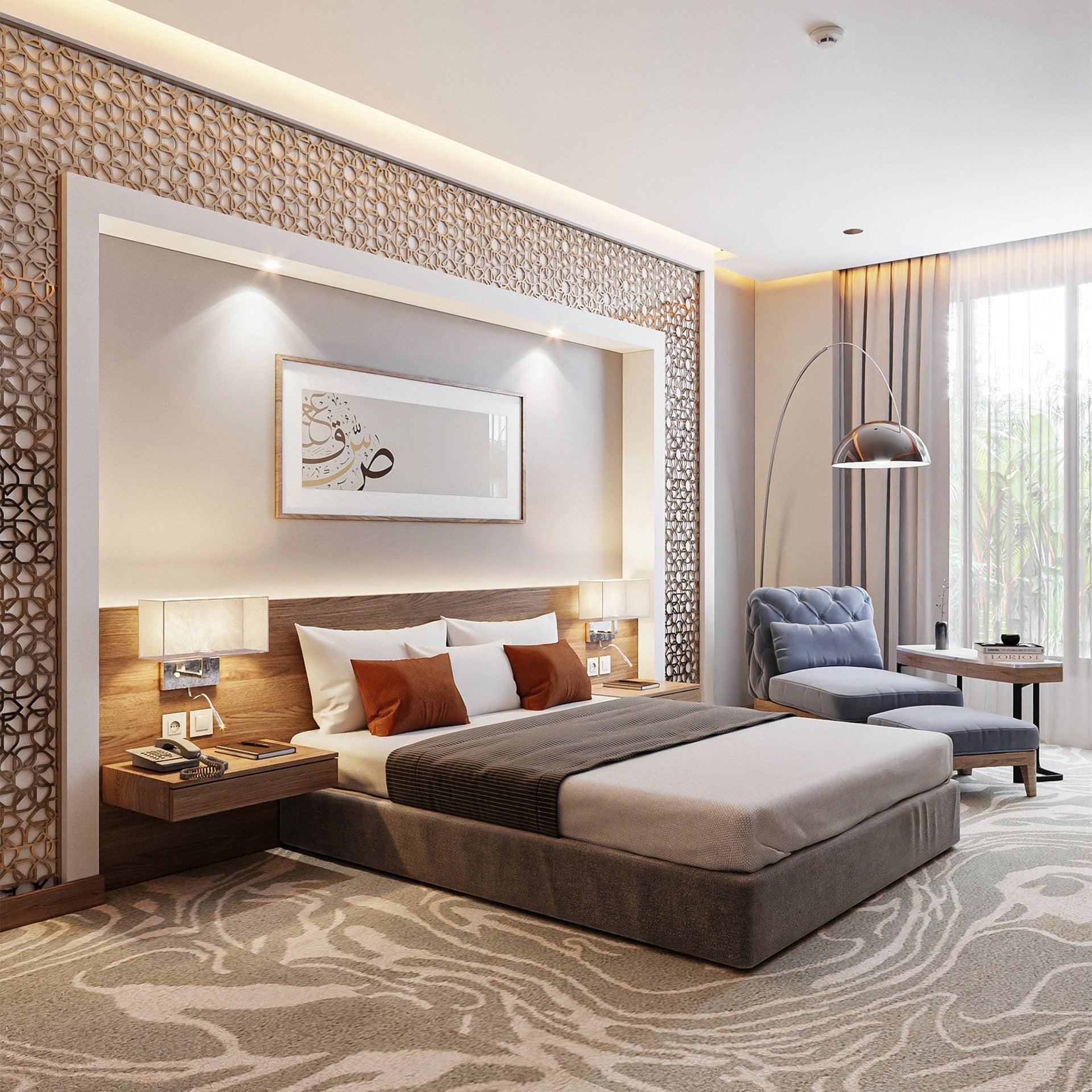 Modern bedroom with a bed, side tables, and decor elements.