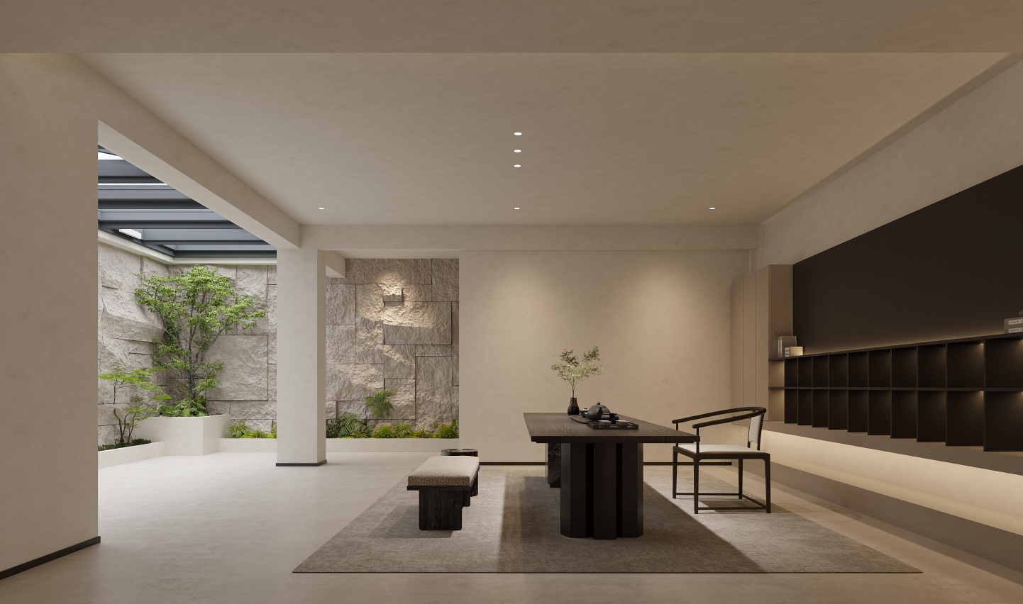 Modern interior design with a desk, chairs, and decorative elements.