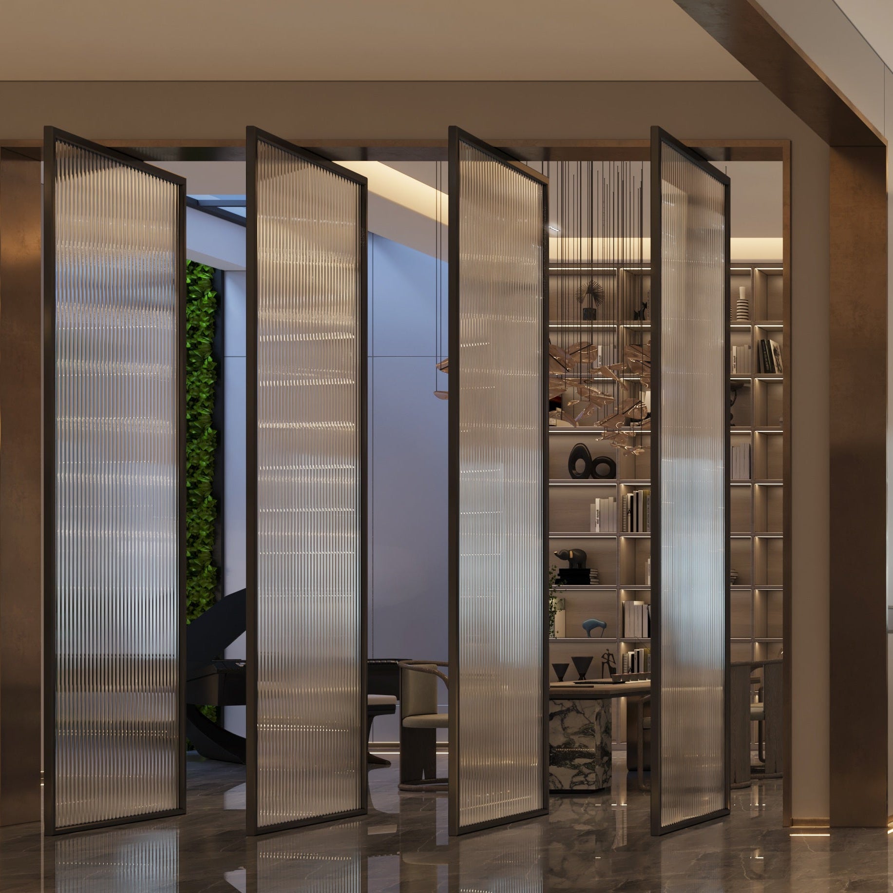 Modern living room with a large TV screen displaying a nature scene.