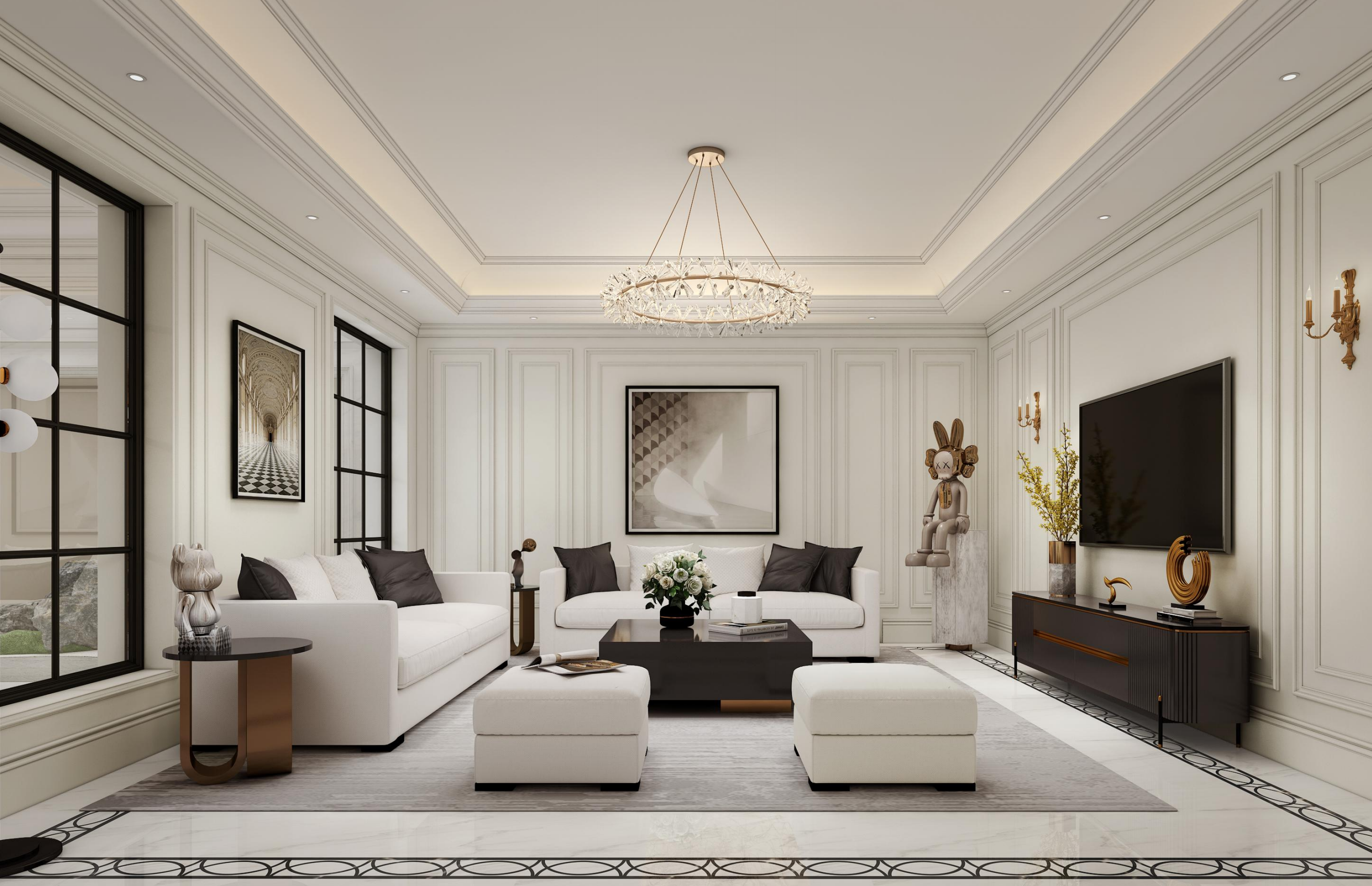 Living room with furniture layout plan overlay