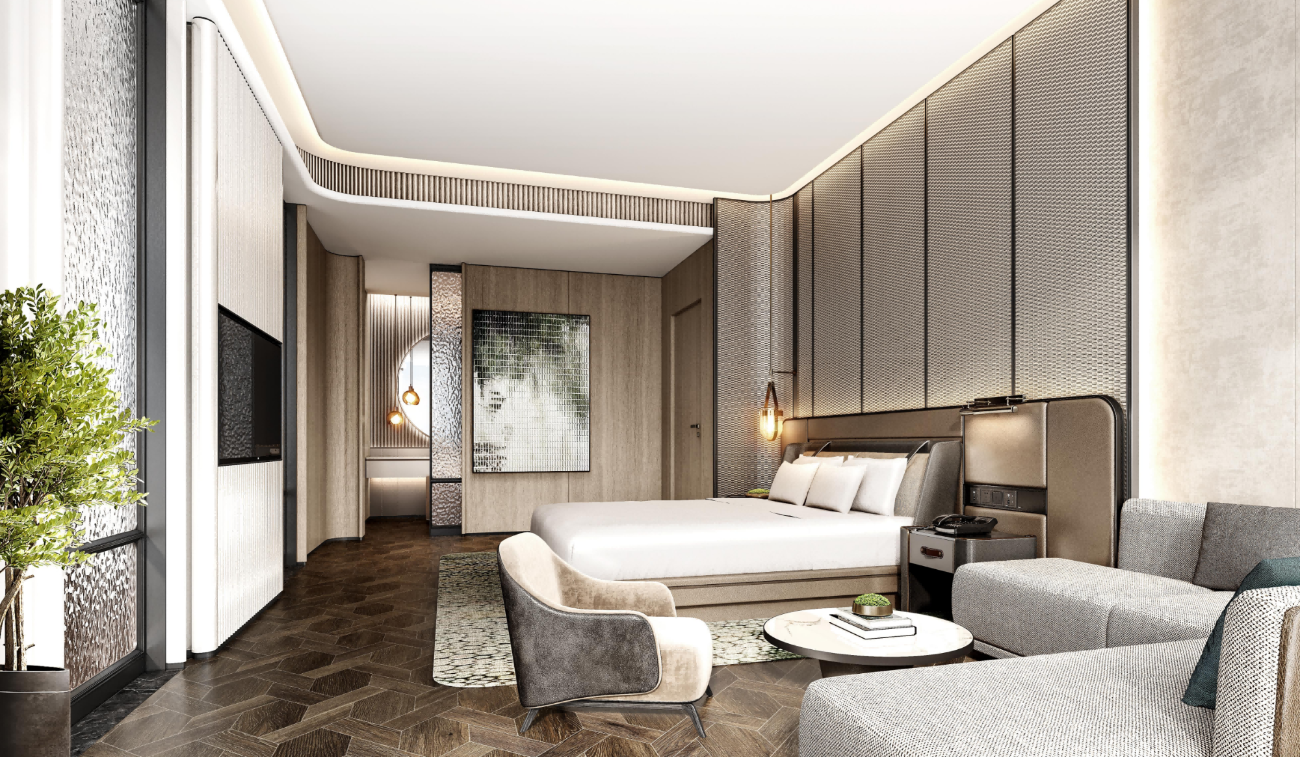 Luxury bedroom interior with modern furniture and decor.