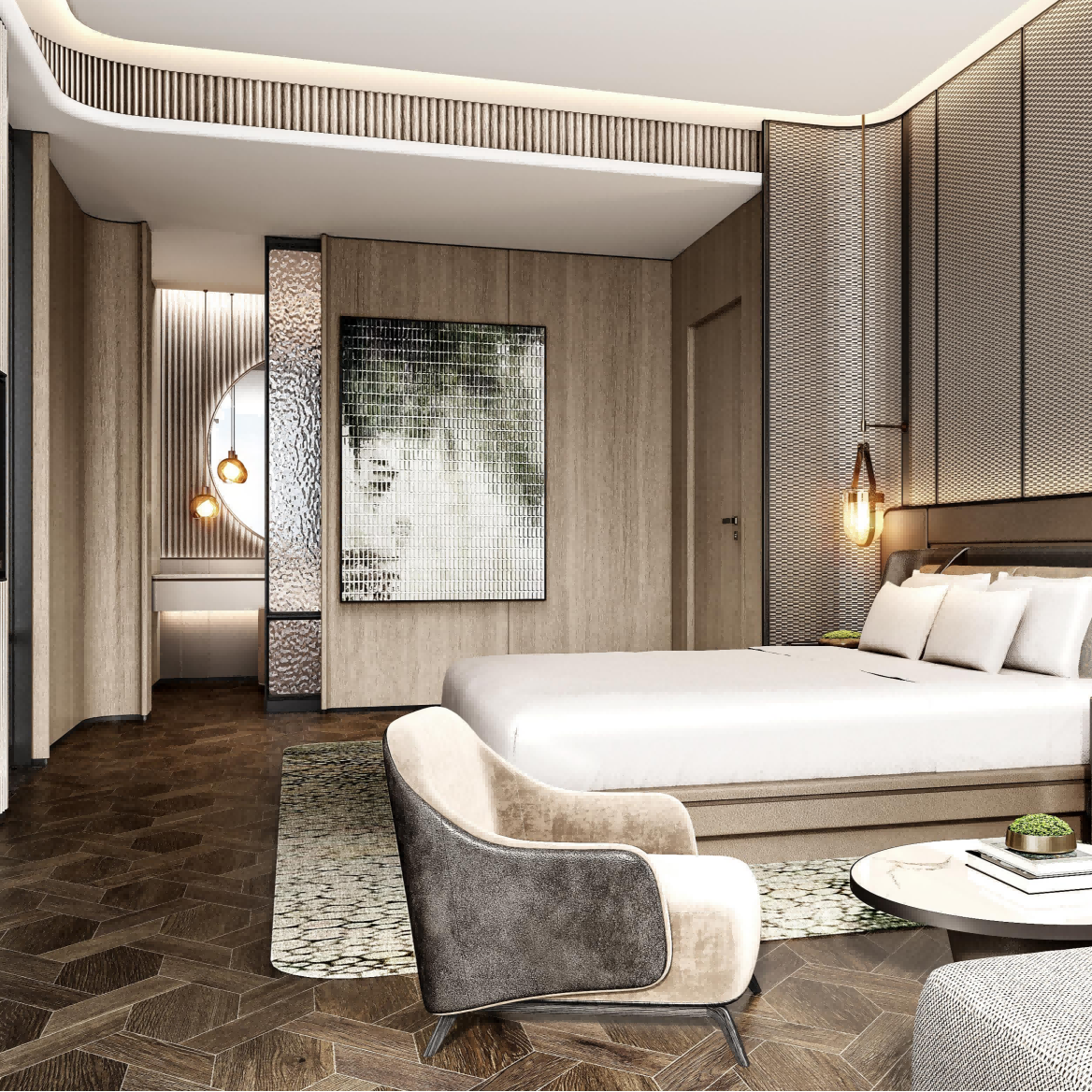 Luxury bedroom interior with modern furniture and decor.