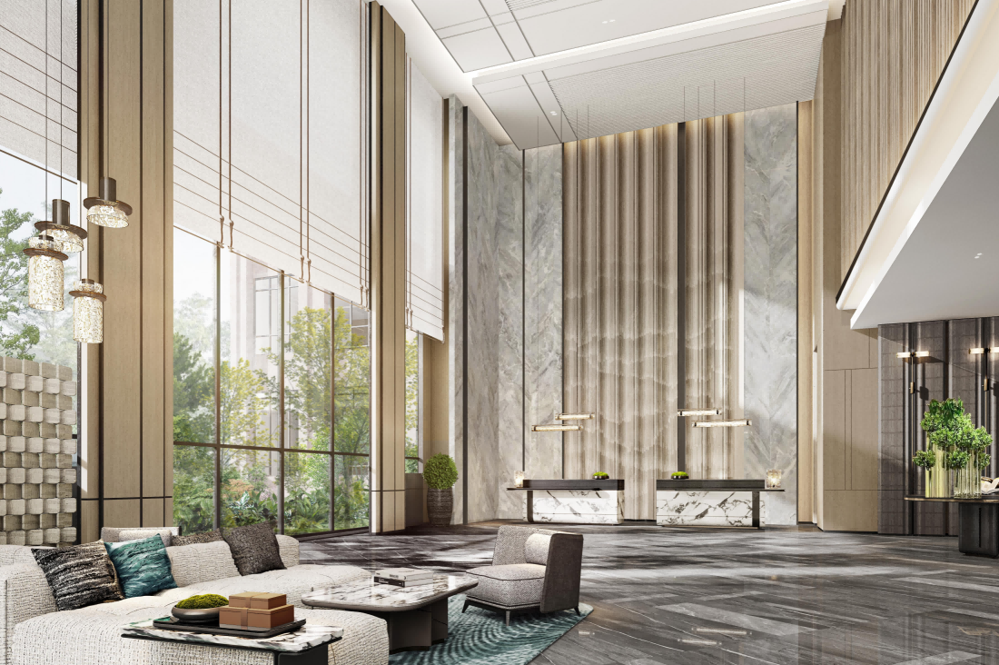 Rendering of a luxurious lobby with modern decor and large windows.