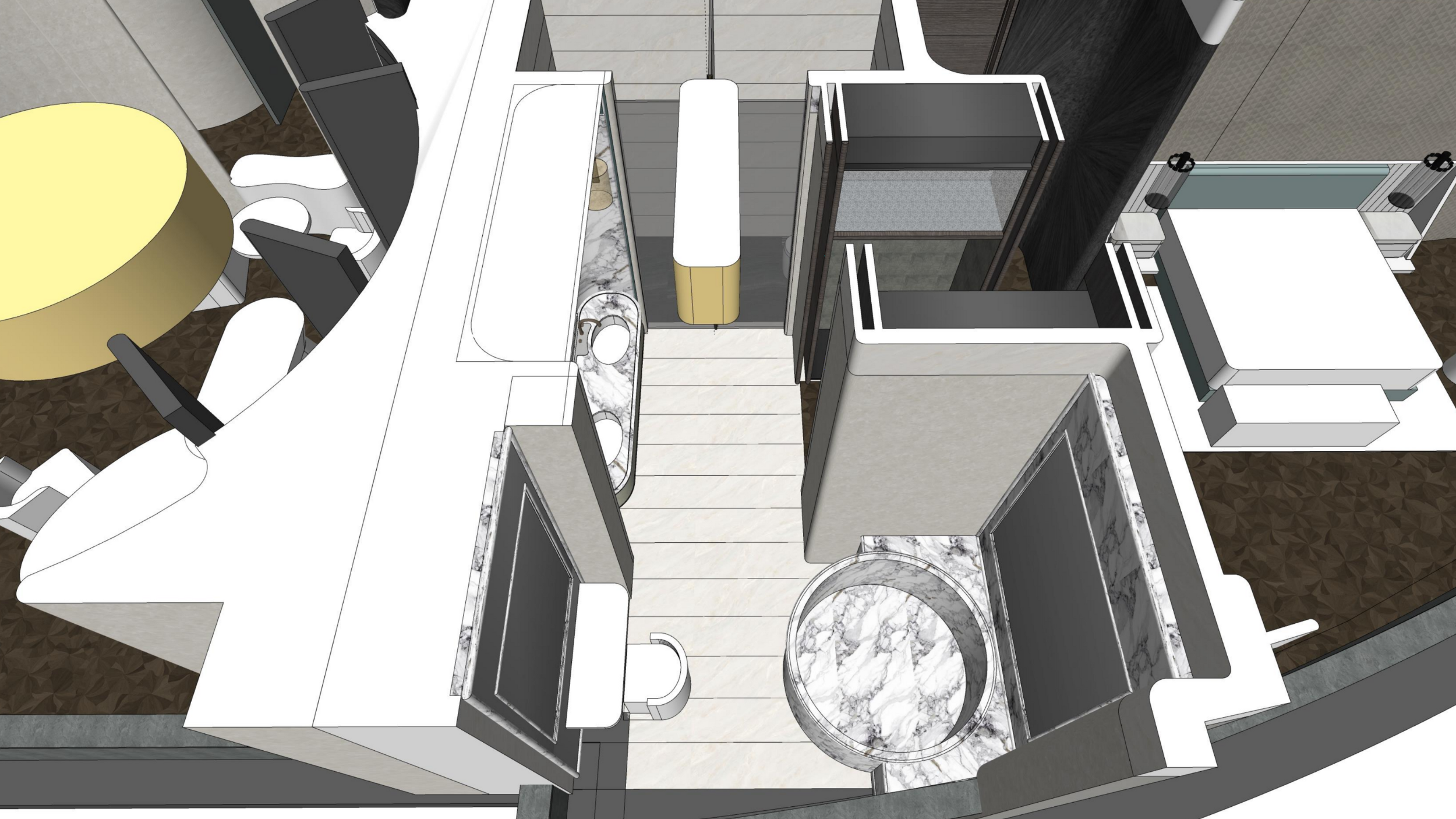 3D architectural model of a room layout with furniture and decor.