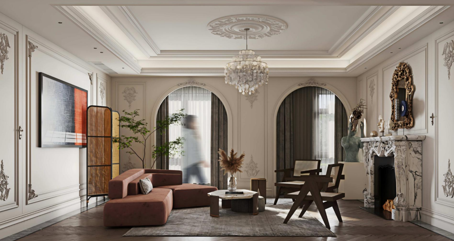 Luxurious living room with elegant decor, including a fireplace and modern furniture.