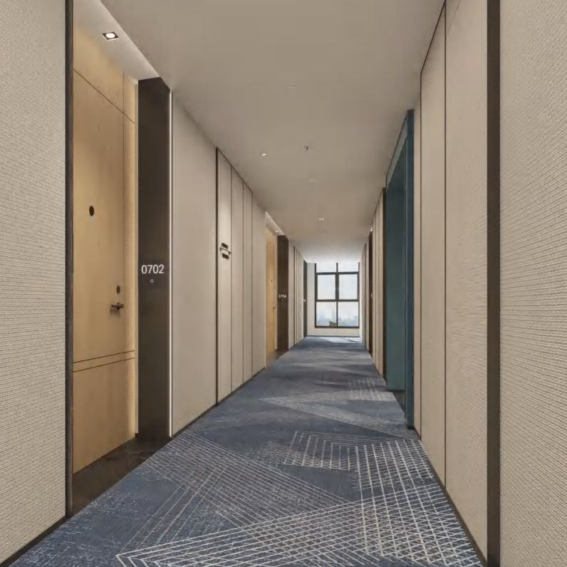 Corridor with blue carpet and textured walls in a modern building