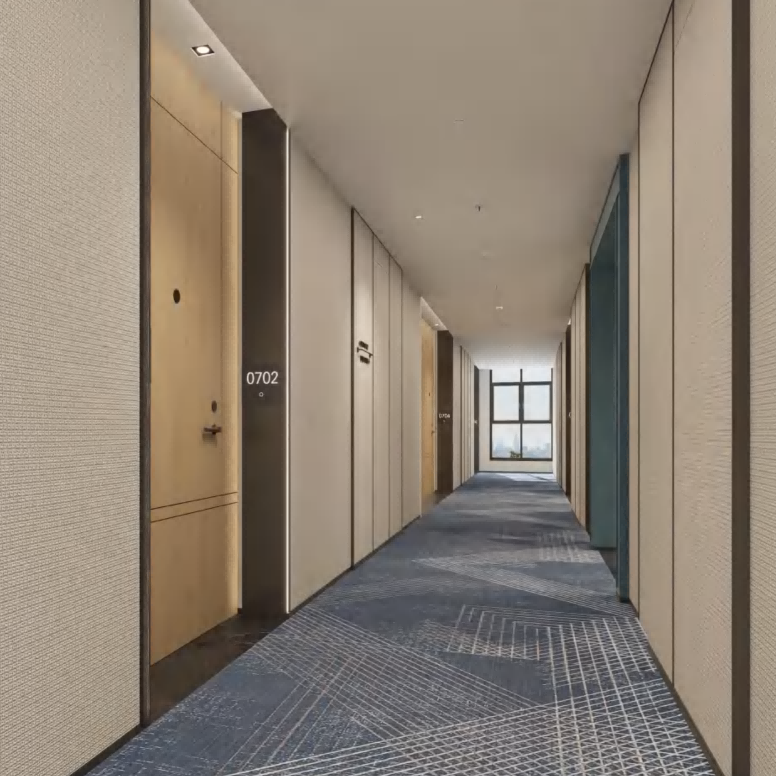 Corridor with textured walls and a blue carpet