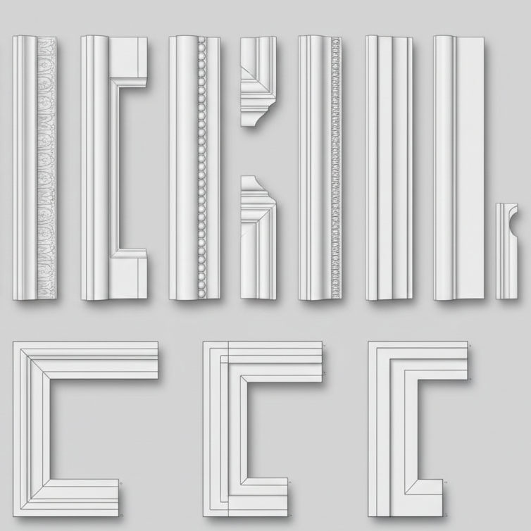 Set of decorative white moldings on a gray background