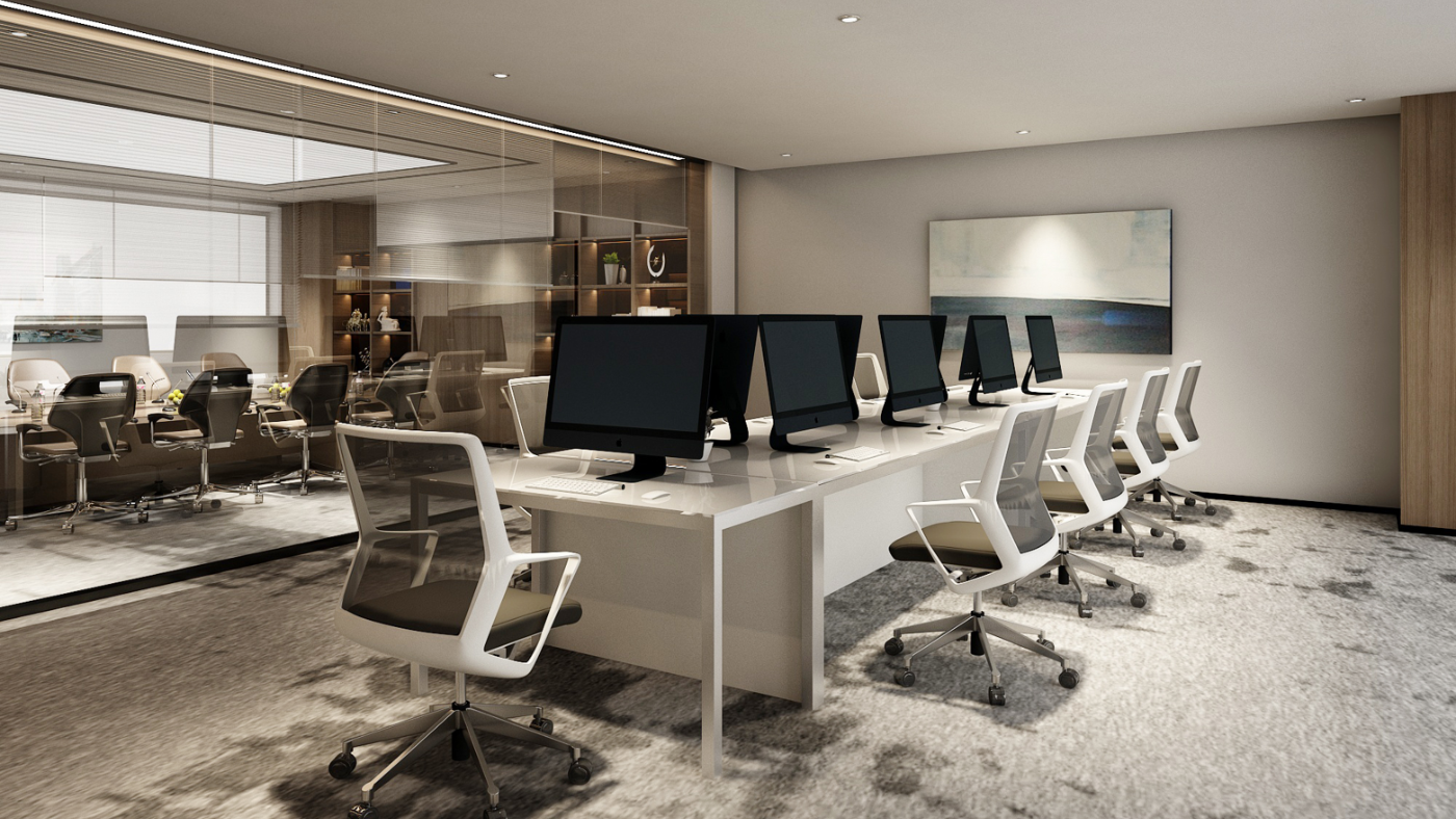 Modern office conference room with desks, chairs, and large windows.