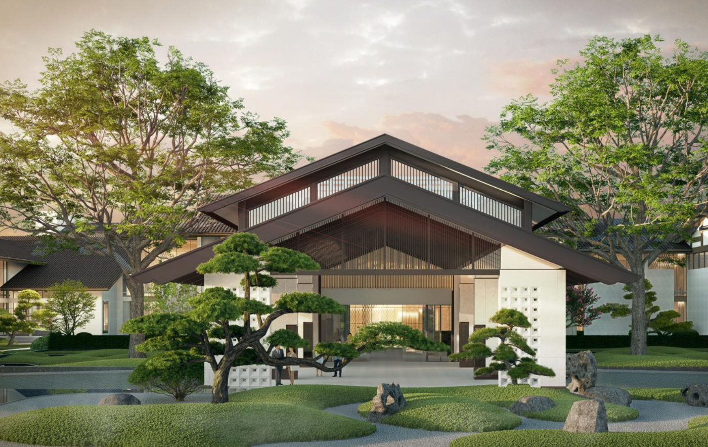 Modern house with a sloped roof and garden in front