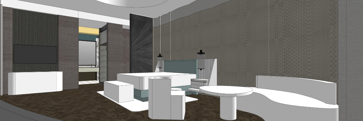 3D rendering of a modern interior design with furniture and decor.