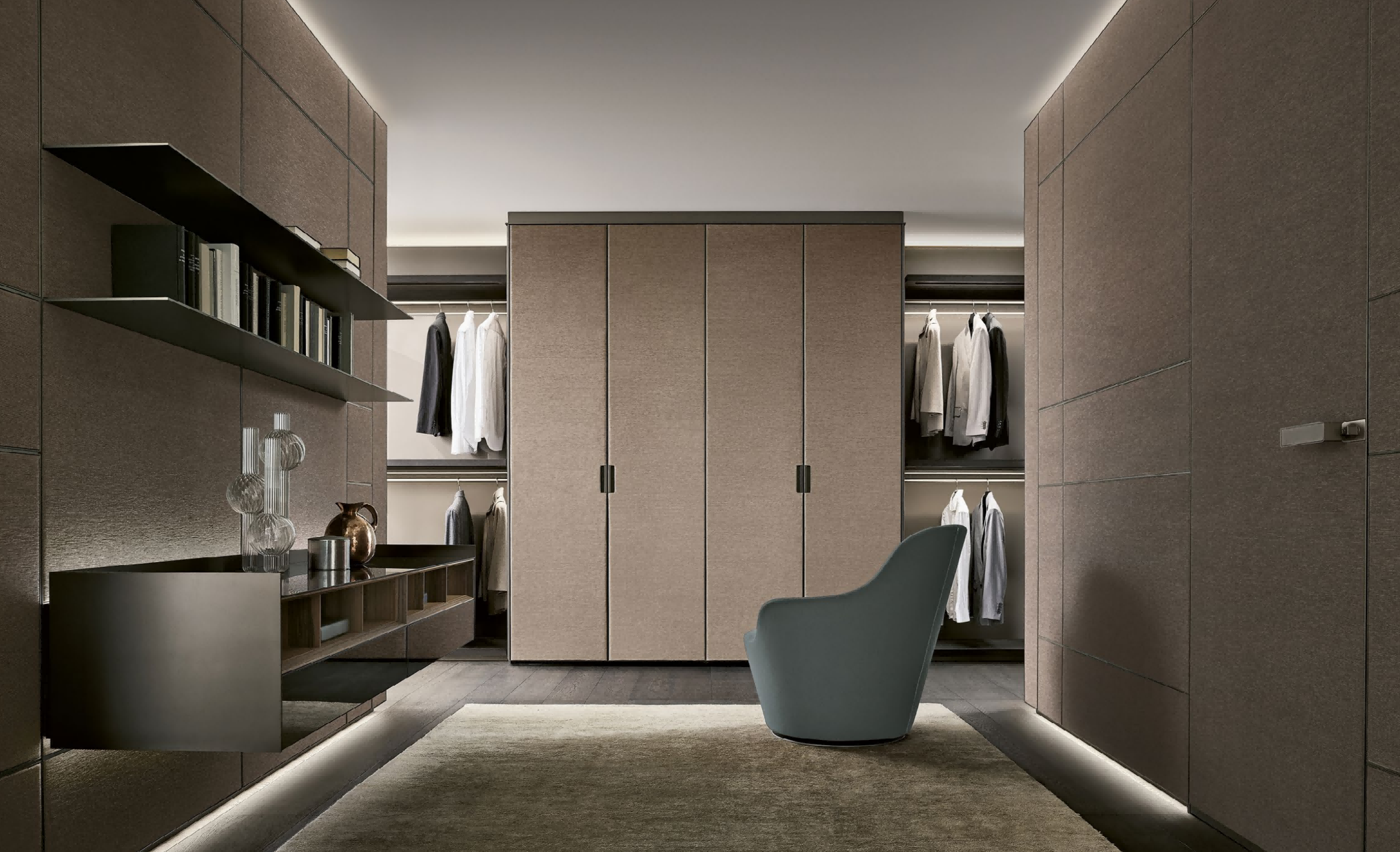 Modern interior design with wardrobe, shelves, and chair in a neutral color scheme.