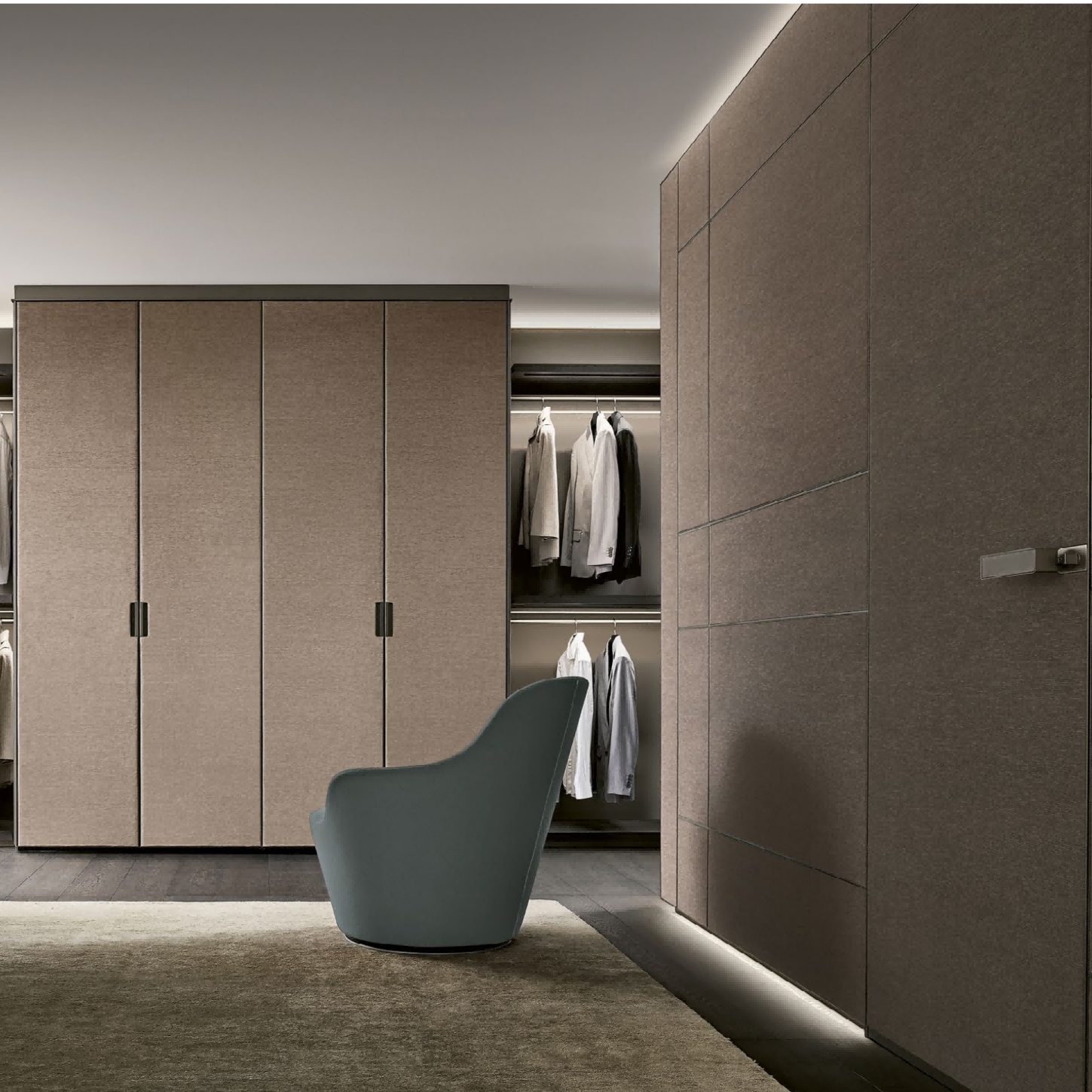 Modern interior design with wardrobe, shelves, and chair in a neutral color scheme.