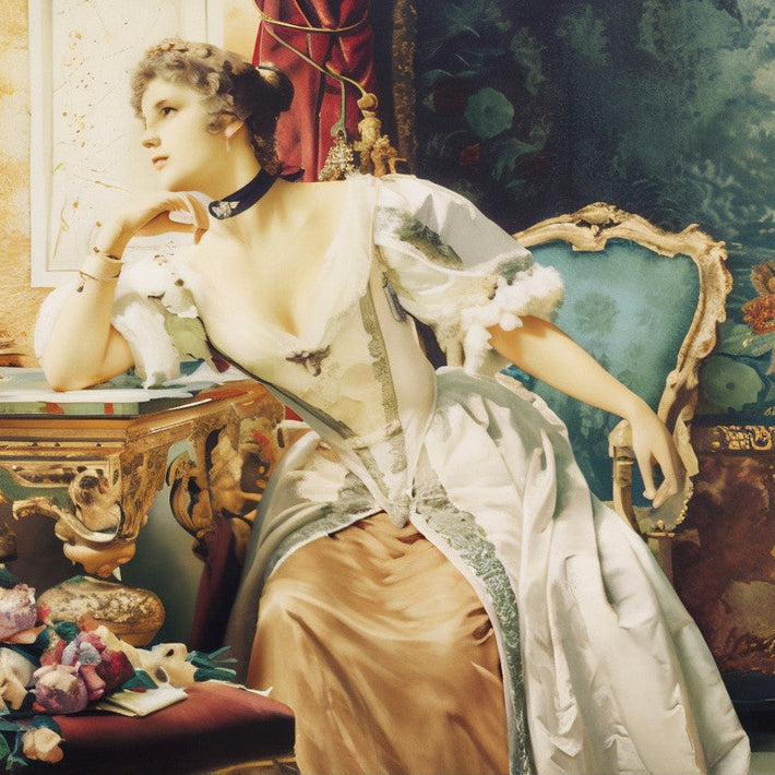 Woman in an elegant dress sitting in a luxurious room with decorative elements.