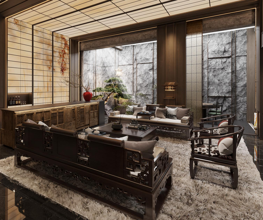 Modern living room with wooden furniture and large windows