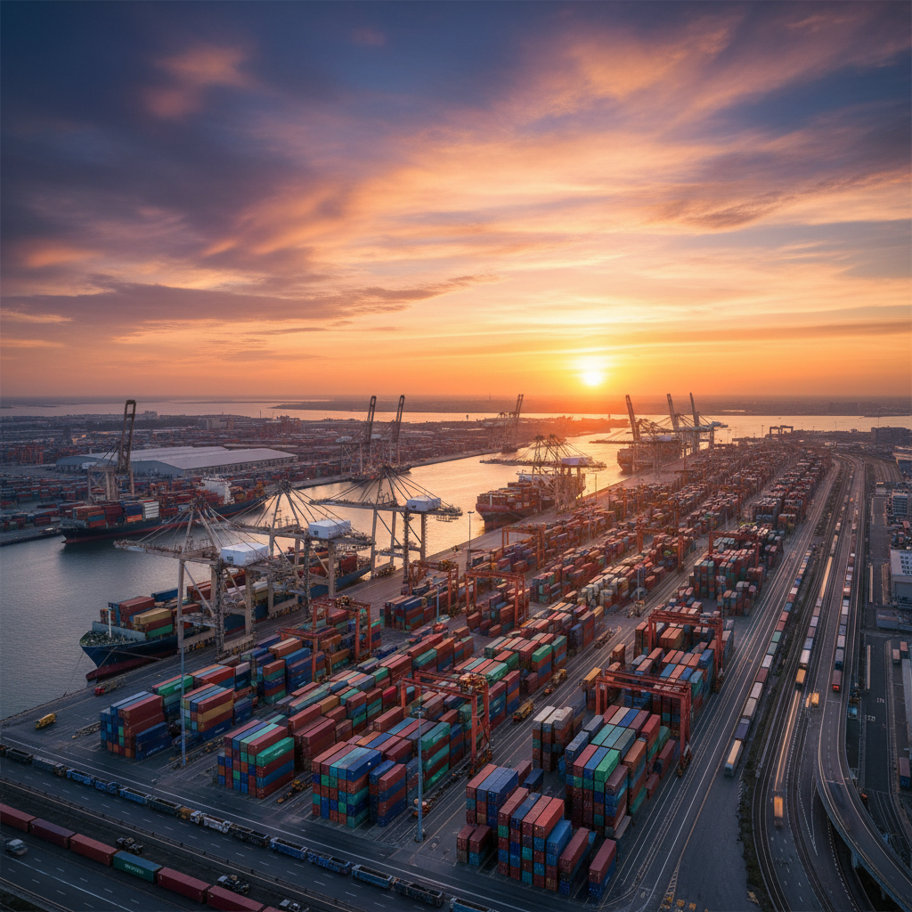 Container port with sunset sky