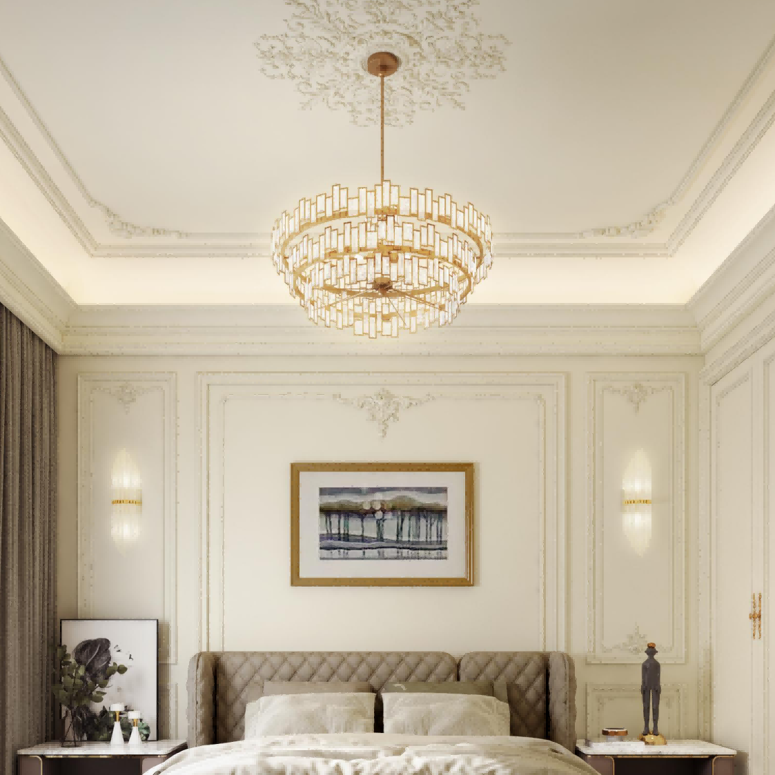 Luxurious bedroom with a chandelier, bed, and wall art