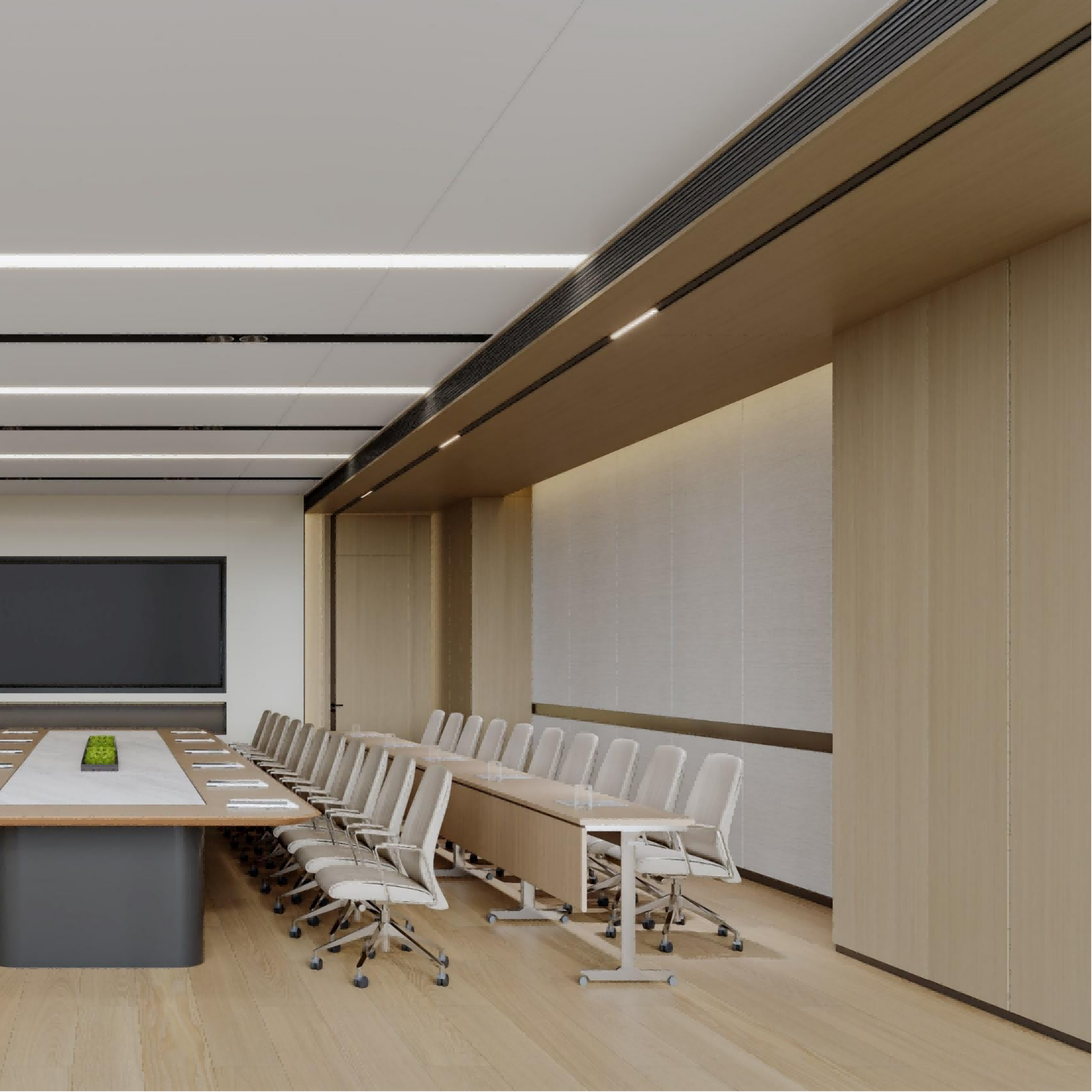 Modern conference room with a large table and chairs, featuring a whiteboard on the wall.
