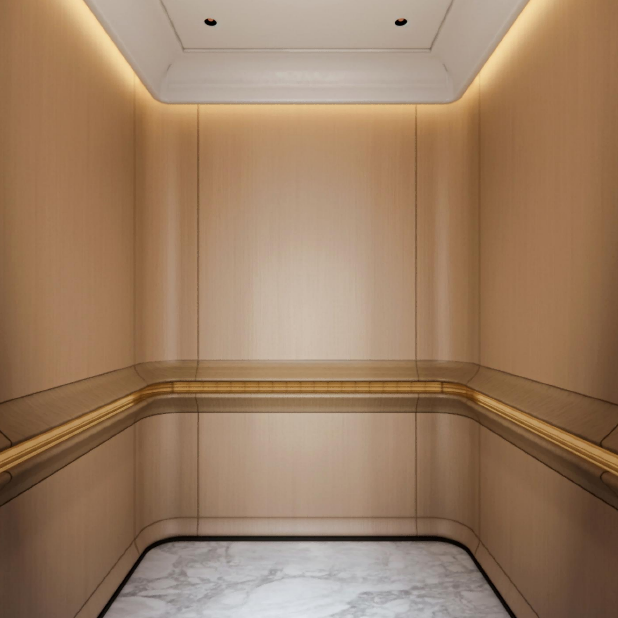 Modern elevator interior with beige walls and marble floor