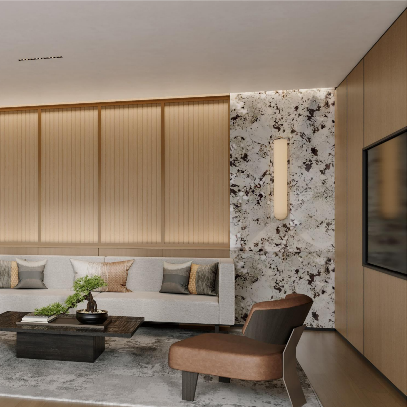 Modern living room with a sofa, chairs, and decorative elements.