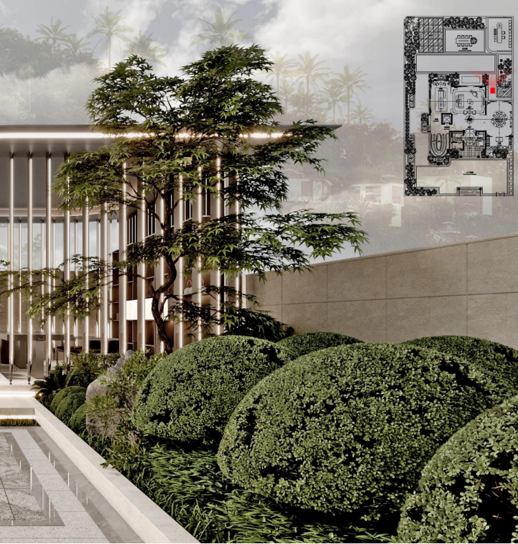 Modern architectural design with greenery and a floor plan inset.