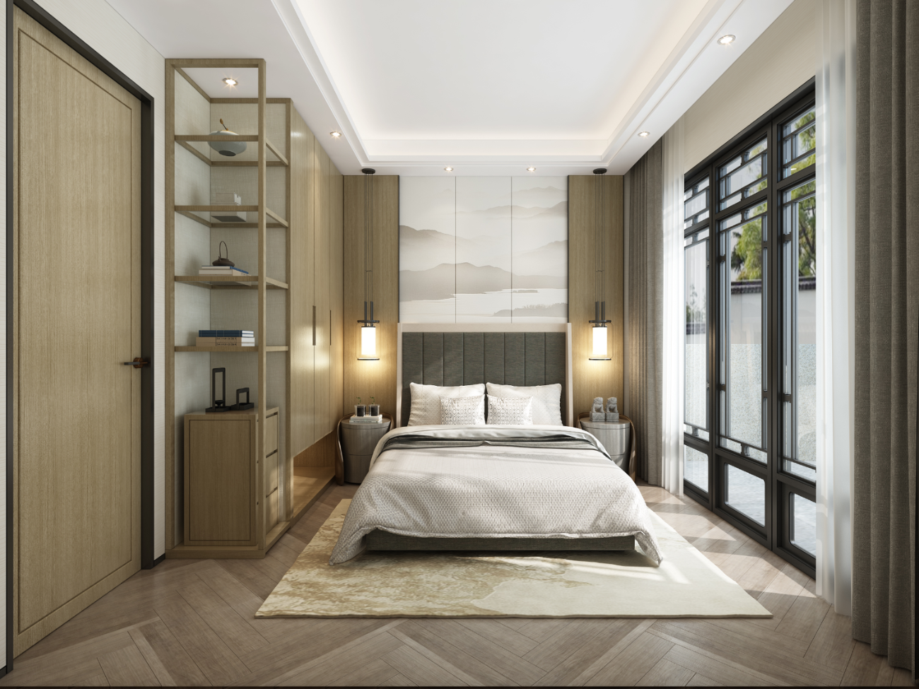 Modern bedroom with a bed, shelves, and large windows.